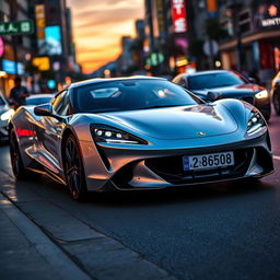 A sleek, modern silver sports car parked on a busy urban street during twilight