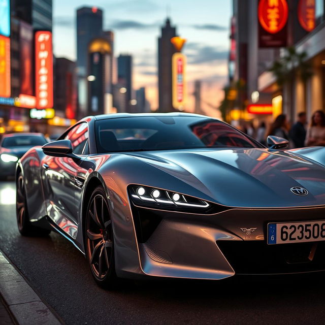 A sleek, modern silver sports car parked on a busy urban street during twilight