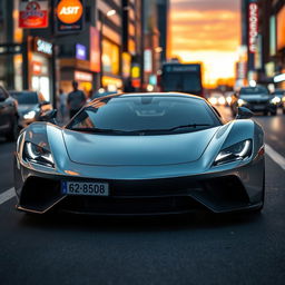 A sleek, modern silver sports car parked on a busy urban street during twilight