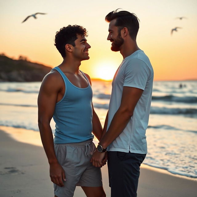 A romantic scene between two men sharing a tender moment on a beach during sunset