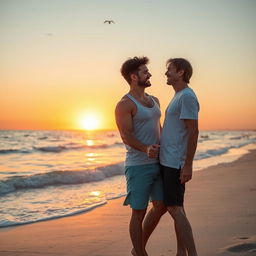 A romantic scene between two men sharing a tender moment on a beach during sunset