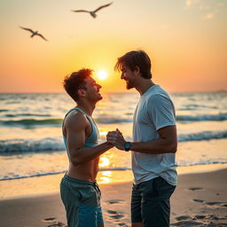 A romantic scene between two men sharing a tender moment on a beach during sunset