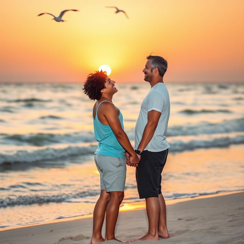 A romantic scene between two men sharing a tender moment on a beach during sunset