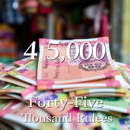 A close-up shot of a pile of Indian rupee notes, specifically showing a vibrant collection of denominations in different colors and sizes, all prominently featuring the number '45,000' in bold text written above the notes in an elegant font