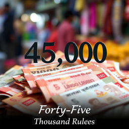 A close-up shot of a pile of Indian rupee notes, specifically showing a vibrant collection of denominations in different colors and sizes, all prominently featuring the number '45,000' in bold text written above the notes in an elegant font