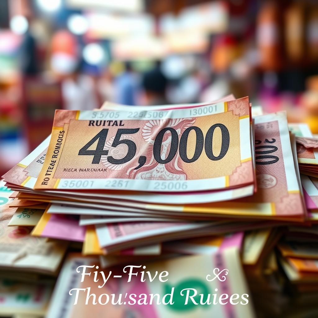 A close-up shot of a pile of Indian rupee notes, specifically showing a vibrant collection of denominations in different colors and sizes, all prominently featuring the number '45,000' in bold text written above the notes in an elegant font