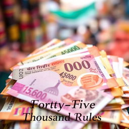 A close-up shot of a pile of Indian rupee notes, specifically showing a vibrant collection of denominations in different colors and sizes, all prominently featuring the number '45,000' in bold text written above the notes in an elegant font