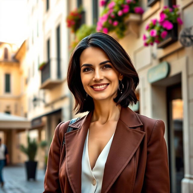 A 38-year-old woman with dark hair and Italian features, dressed in elegant attire, standing confidently with a warm smile