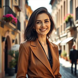 A 38-year-old woman with dark hair and Italian features, dressed in elegant attire, standing confidently with a warm smile
