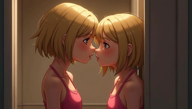 A realistic image of two tween girls with thin builds and short blonde hair, facing each other closely in an empty closet