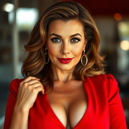 A captivating 50-year-old woman with an alluring presence, confidently dressed in a vibrant red outfit that emphasizes her tasteful cleavage