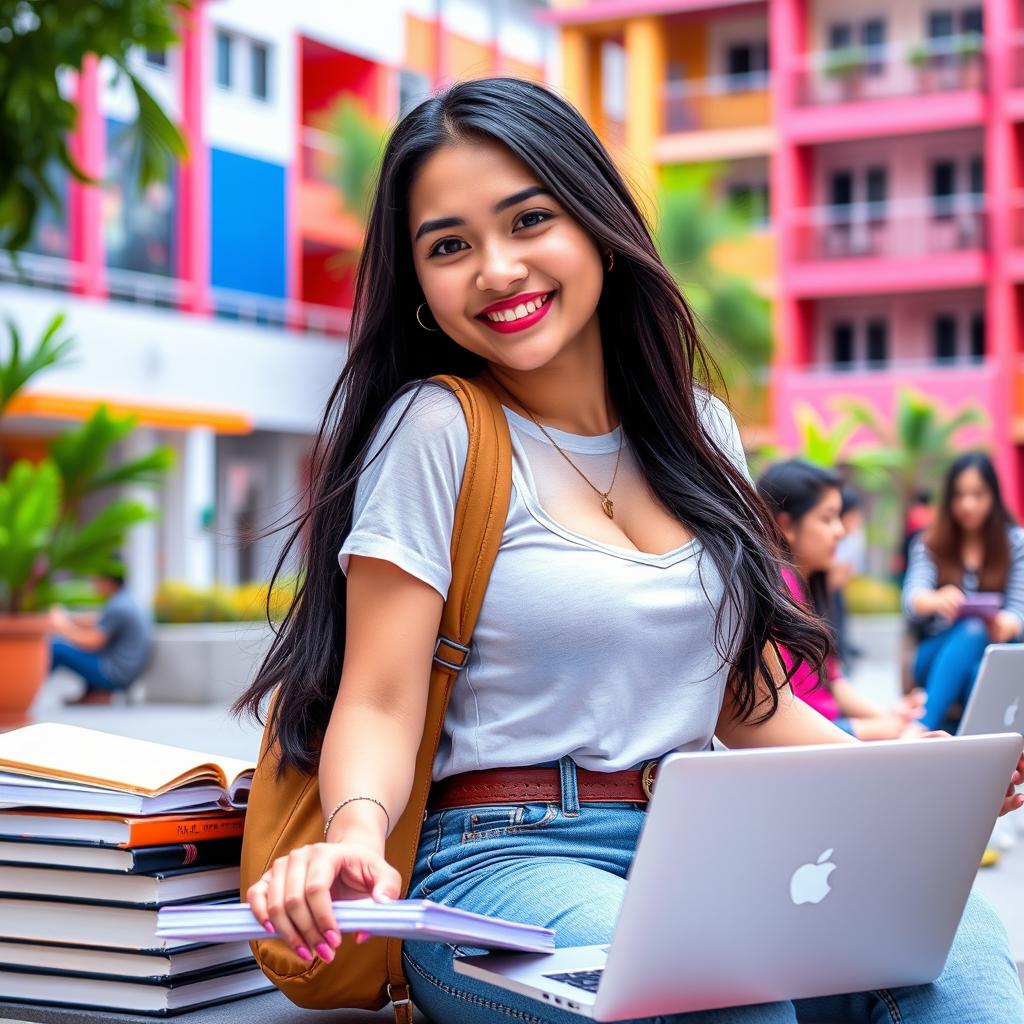 A beautiful Indonesian woman with large breasts, dressed in stylish casual student attire, exuding confidence and playful charm