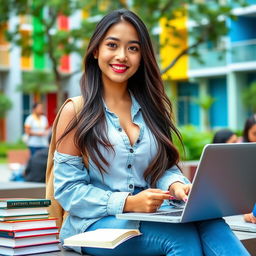 A beautiful Indonesian woman with large breasts, dressed in stylish casual student attire, exuding confidence and playful charm