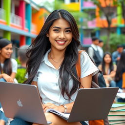 A beautiful Indonesian woman with large breasts, dressed in stylish casual student attire, exuding confidence and playful charm
