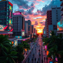 A surreal cityscape of Cancun, Mexico, infused with vibrant cyberpunk features