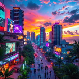 A surreal cityscape of Cancun, Mexico, infused with vibrant cyberpunk features