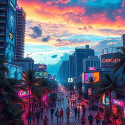 A surreal cityscape of Cancun, Mexico, infused with vibrant cyberpunk features