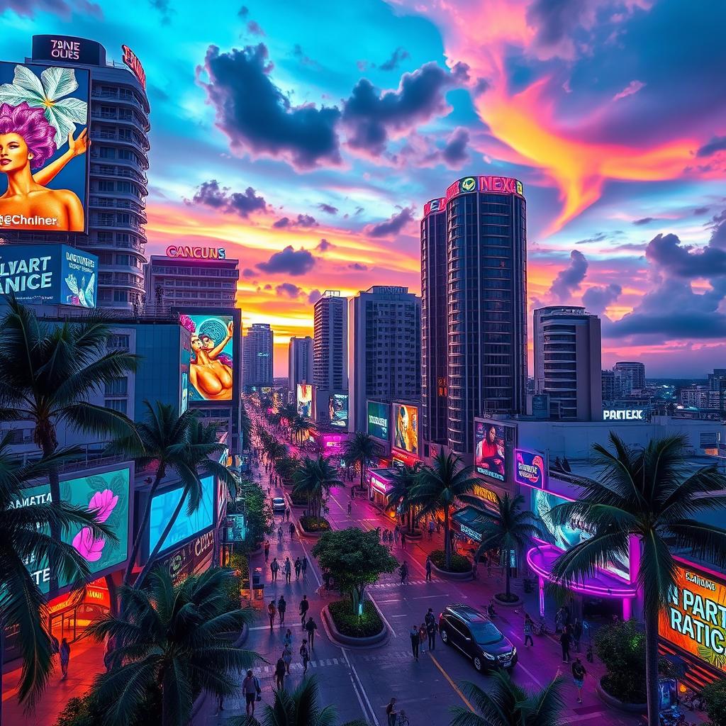 A surreal cityscape of Cancun, Mexico, infused with vibrant cyberpunk features