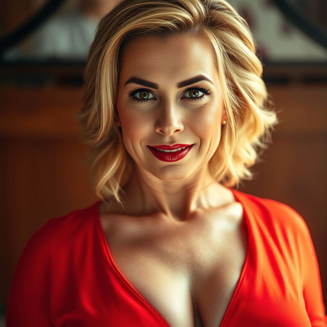 A captivating 50-year-old woman with a bold and alluring charm, dressed in a vibrant red outfit that highlights her attractive cleavage