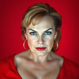 An allure-filled 50-year-old woman with a striking presence, wearing a bold red outfit that showcases her tasteful cleavage