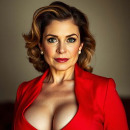 An allure-filled 50-year-old woman with a striking presence, wearing a bold red outfit that showcases her tasteful cleavage