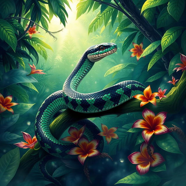 A vibrant illustration of a lethal venomous snake, poised elegantly on a lush green branch in a tropical rainforest