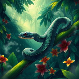 A vibrant illustration of a lethal venomous snake, poised elegantly on a lush green branch in a tropical rainforest