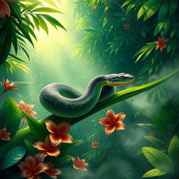 A vibrant illustration of a lethal venomous snake, poised elegantly on a lush green branch in a tropical rainforest