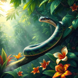 A vibrant illustration of a lethal venomous snake, poised elegantly on a lush green branch in a tropical rainforest