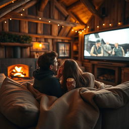 A cozy wooden hut interior with a young couple snuggled together watching a movie on a large screen