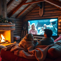 A cozy wooden hut interior with a young couple snuggled together watching a movie on a large screen