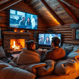A cozy wooden hut interior with a young couple snuggled together watching a movie on a large screen