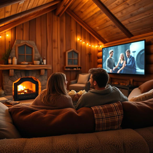 A cozy wooden hut interior with a young couple snuggled together watching a movie on a large screen