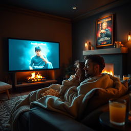 A cozy living room scene where a couple is watching a movie on a large screen