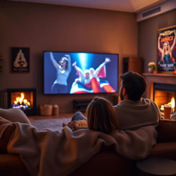A cozy living room scene where a couple is watching a movie on a large screen