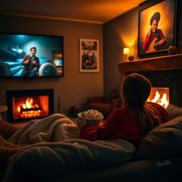 A cozy living room scene where a couple is watching a movie on a large screen