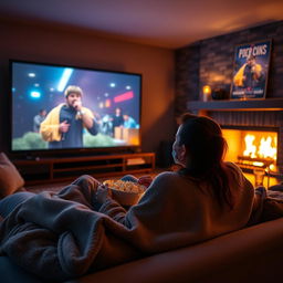 A cozy living room scene where a couple is watching a movie on a large screen