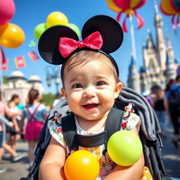 A joyful scene of a cheerful 10-month-old baby girl enjoying her day at Disneyland, sitting in a stroller decorated with colorful balloons