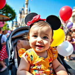 A joyful scene of a cheerful 10-month-old baby girl enjoying her day at Disneyland, sitting in a stroller decorated with colorful balloons