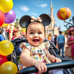 A joyful scene of a cheerful 10-month-old baby girl enjoying her day at Disneyland, sitting in a stroller decorated with colorful balloons