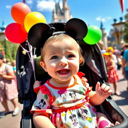 A joyful scene of a cheerful 10-month-old baby girl enjoying her day at Disneyland, sitting in a stroller decorated with colorful balloons