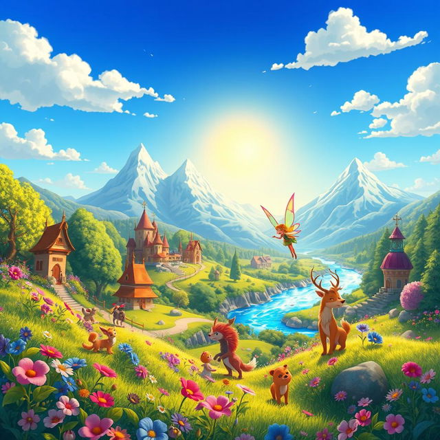 An animated scene depicting a vibrant fantasy world filled with lush, colorful landscapes, mythical creatures, and whimsical architecture