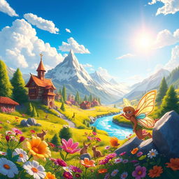 An animated scene depicting a vibrant fantasy world filled with lush, colorful landscapes, mythical creatures, and whimsical architecture