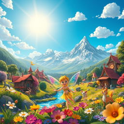 An animated scene depicting a vibrant fantasy world filled with lush, colorful landscapes, mythical creatures, and whimsical architecture
