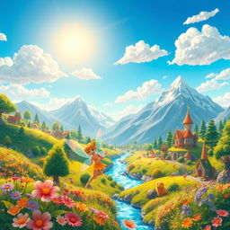 An animated scene depicting a vibrant fantasy world filled with lush, colorful landscapes, mythical creatures, and whimsical architecture