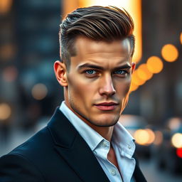 A handsome man in a stylish urban setting, showcasing striking features such as chiseled jawline and bright blue eyes