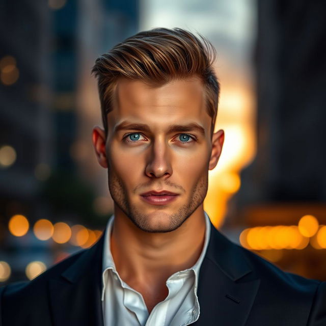 A handsome man in a stylish urban setting, showcasing striking features such as chiseled jawline and bright blue eyes