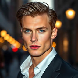 A handsome man in a stylish urban setting, showcasing striking features such as chiseled jawline and bright blue eyes