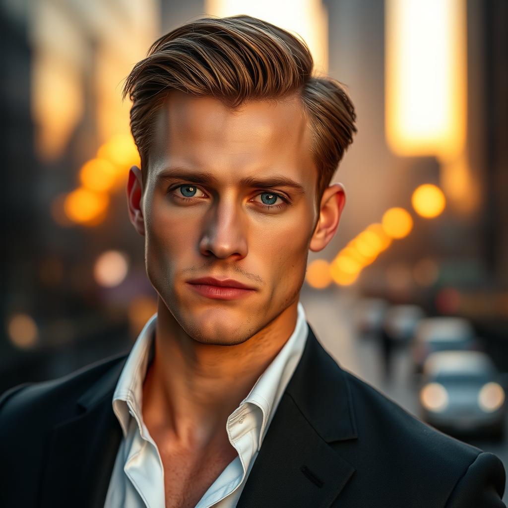 A handsome man in a stylish urban setting, showcasing striking features such as chiseled jawline and bright blue eyes