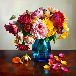 An elegant oil painting depicting a vibrant arrangement of assorted flowers in a beautiful blue glass vase